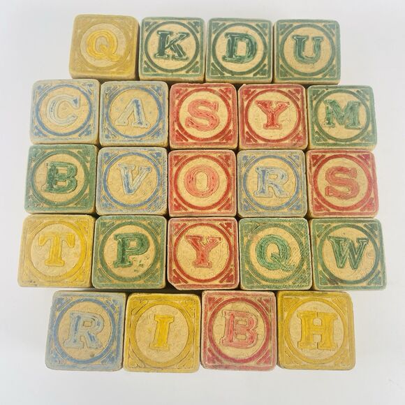 Antique Wooden Alphabet Toy Blocks Numbers Letters Animals Early 1900s Lot of 23 - Picture 1 of 8